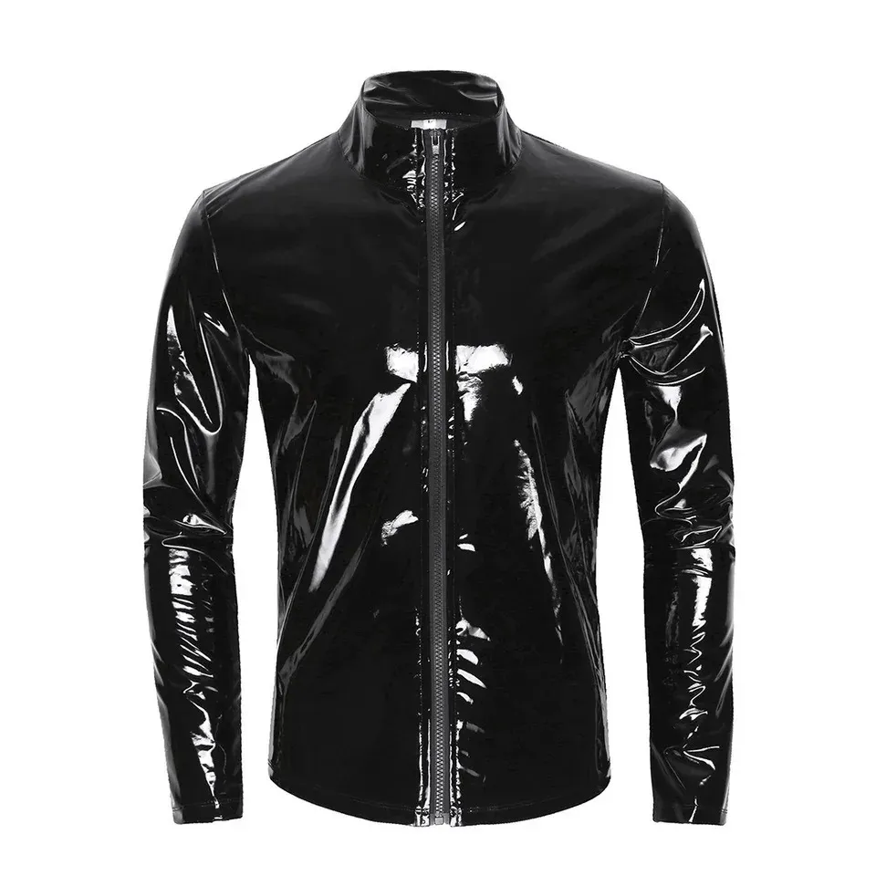 Men's Jackets S-7XL Plus Size Mens Sexy Shiny Wetlook Latex Leather Shirt Zipper Nightclub Stage Coat Male Long Sleeve PVC Leather Jacket Tops 231013