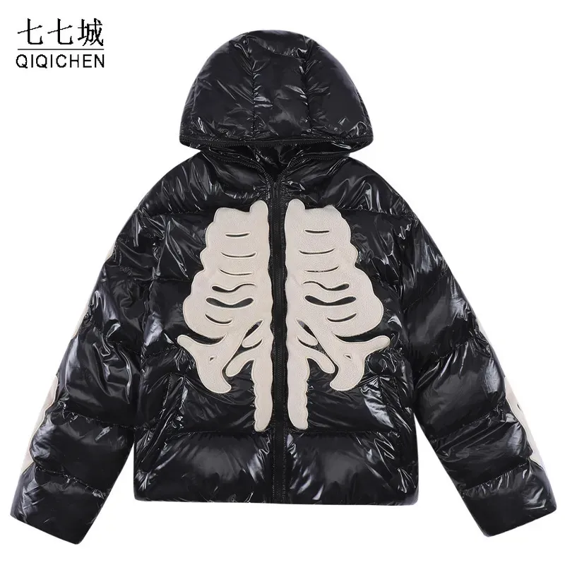 Kurtki mężczyzn Winter retro szkielet parka men men jasna kurtka Hip Hop Street HARAJUKU Y2K zagęszcza ciepłe płaszcze wyściełane luźne wiatrowoodporne płaszcz unisex 231016