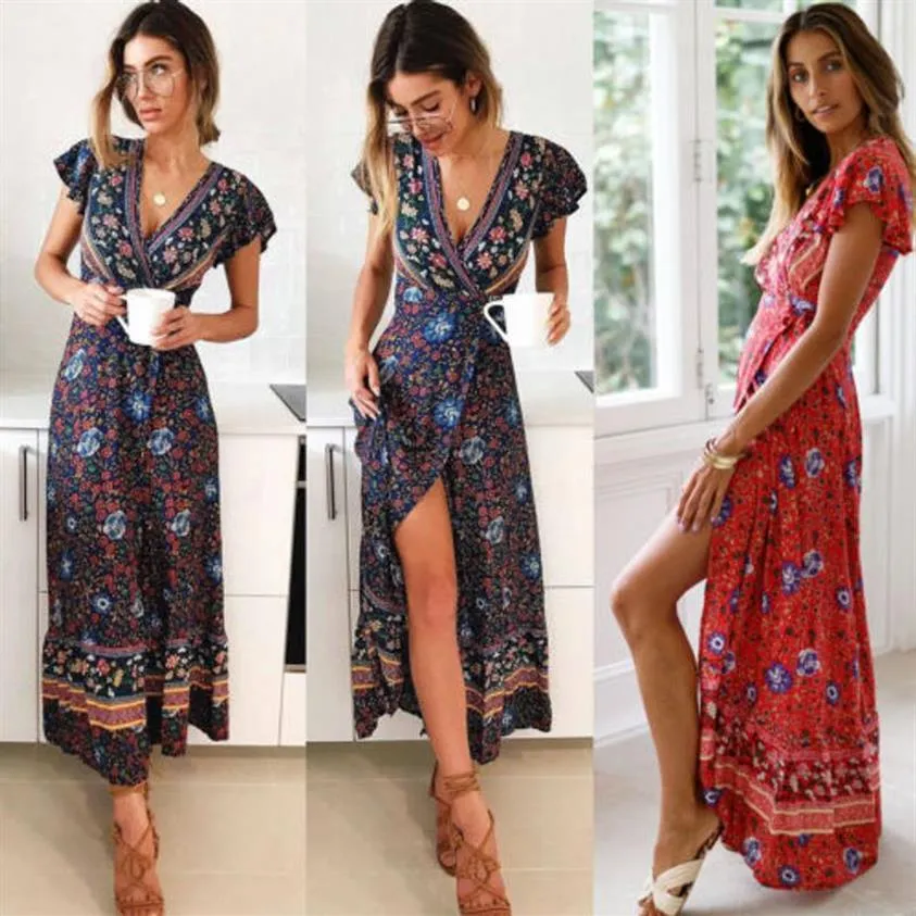 Rétro Vintage Boho dames Multi couleur fleur imprimé volants doux élégant manches courtes mi ample longue spectacle porter mode dress224N