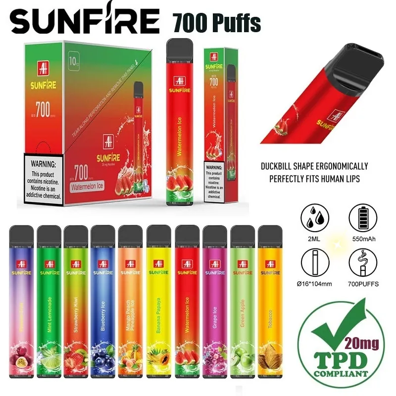 Наиболее дешевый солнечный огонь TPD 700 Puffs Ondessable Vape Pen 2ml предварительно заполнен 10 зарегистрированных ароматов 0% 2% 5% 550MAH Светодиодный свет e Сигареты пара пар