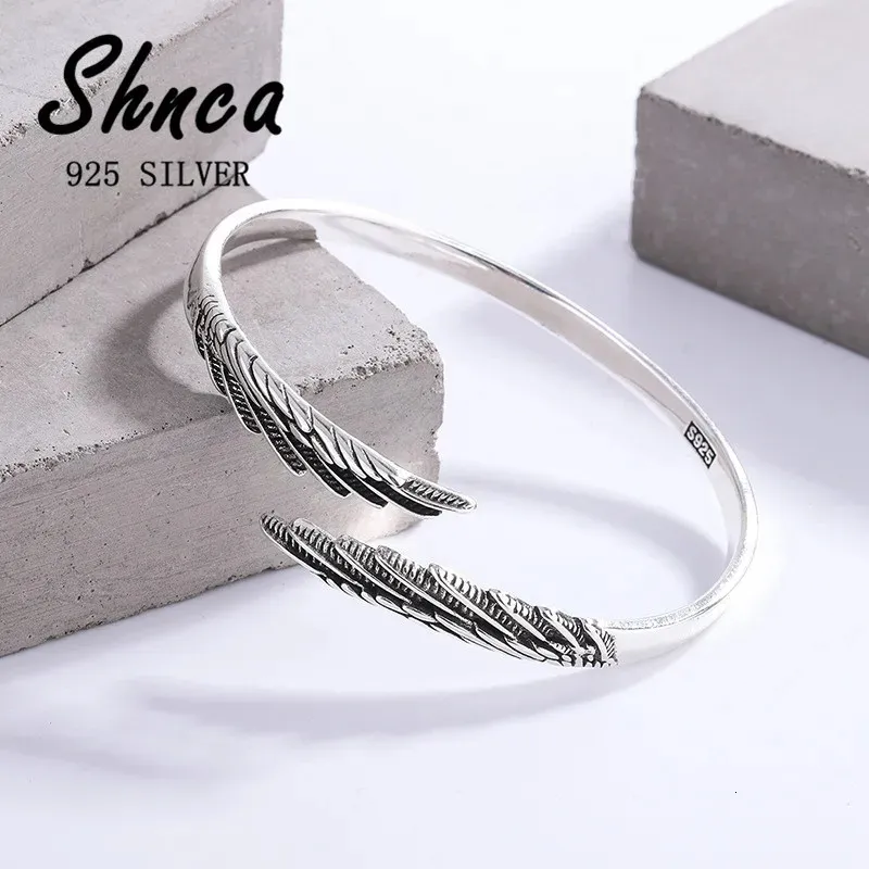 Bangle Thai Silver Vintage 925 Sterling Feather Angel Wings Open Charm Bracelet Bangles For Women Girl LB021 231016