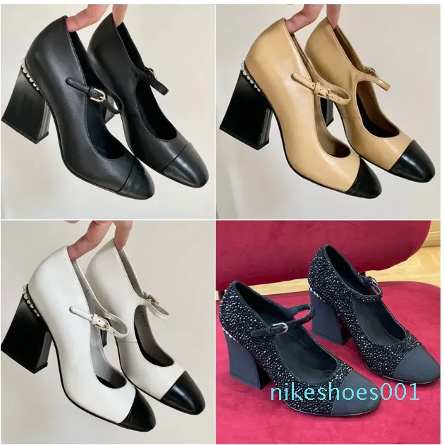 Mary Jane Heels Décolleté da donna Sandali firmati Scarpe eleganti in pelle alla moda Tacco grosso Giuntura Tacco medio Nero Bianco Cachi Sera