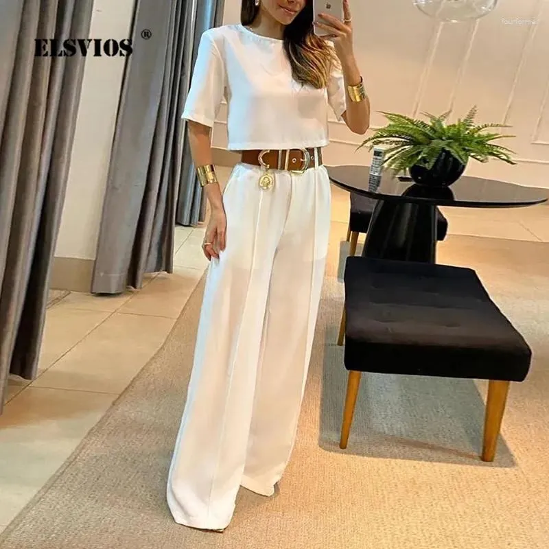 Women's Two Piece Pants Summer Sets For Women Fashion Solid Color Casual Wide-leg Short Sleeves Blouses Suits Elegant Commuting Office