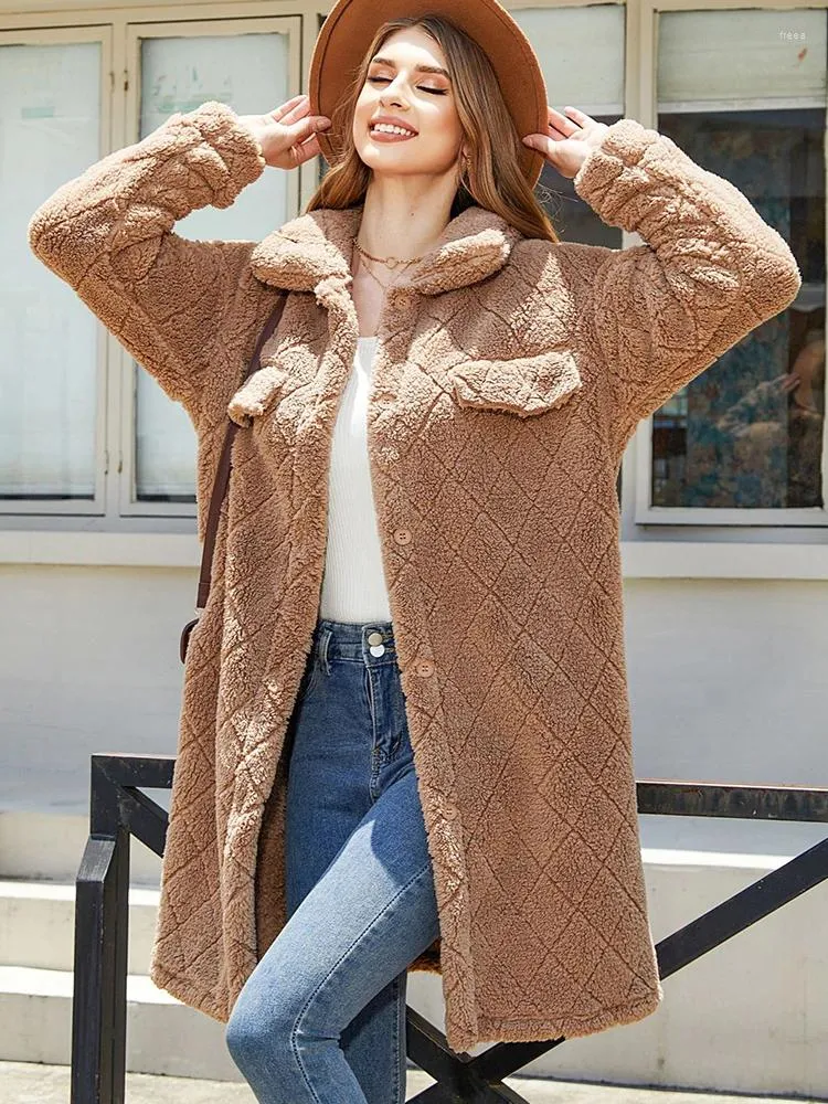 Damenjacken Flauschige Jacke Frauen Winter Lange Fleece Mantel Lässig Lose Einreiher Plüsch Teddy Weibliche Kunstpelz Mantel