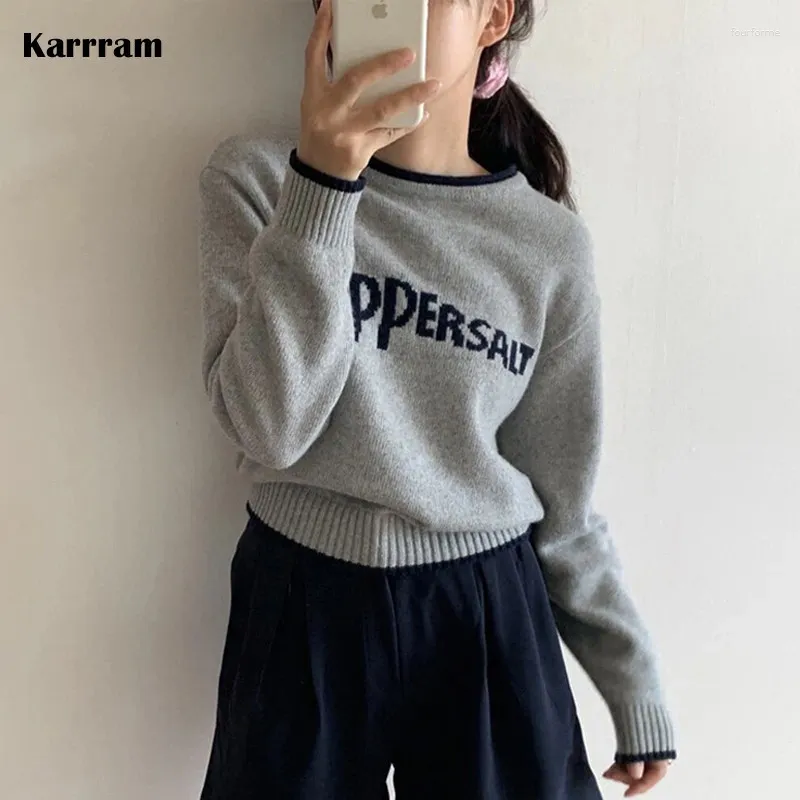 女性のセーターKarrram Korean Fashion Knitte Pullover Vintage Preppy Style Letter Embroidery Sweater女性秋の灰色のジャンパーアメリカン