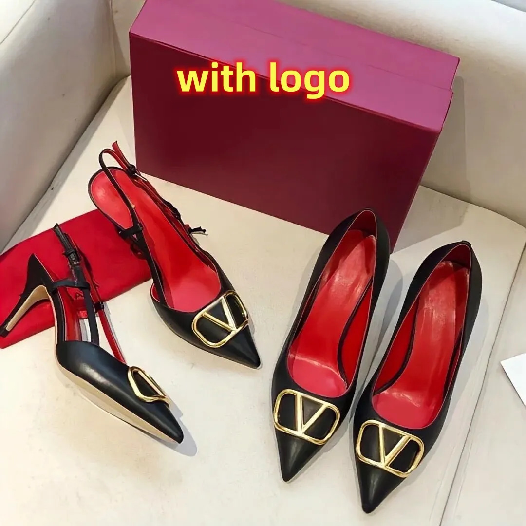 Red High Heels Sandals Designer Brand Dress Shoes Summer Luxury V Metal Buckle Pointed Toe Shoes Real Leather 4cm 6cm 8cm 10cm Thin Heel Wedding Shoes with Dust Bag