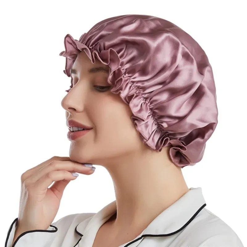 Toucas de banho % Mulberry Silk Sleeping Cap Noite Envoltório Cabeça Capa para Cuidados com o Cabelo Elástico Touca de Chuveiro Cabelo Bonnet para Dormir 58-60cm 231013