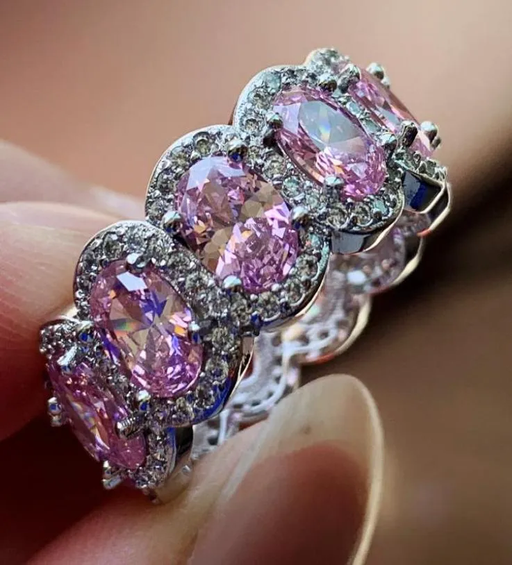 Super Deal Top Sprzedaż Oszałamiające miłośnicy biżuterii 925 Srebrny Owalny Owalny Cut Pink Topaz CZ Diamond Eternity Wedding Pierścień FPR W6362820