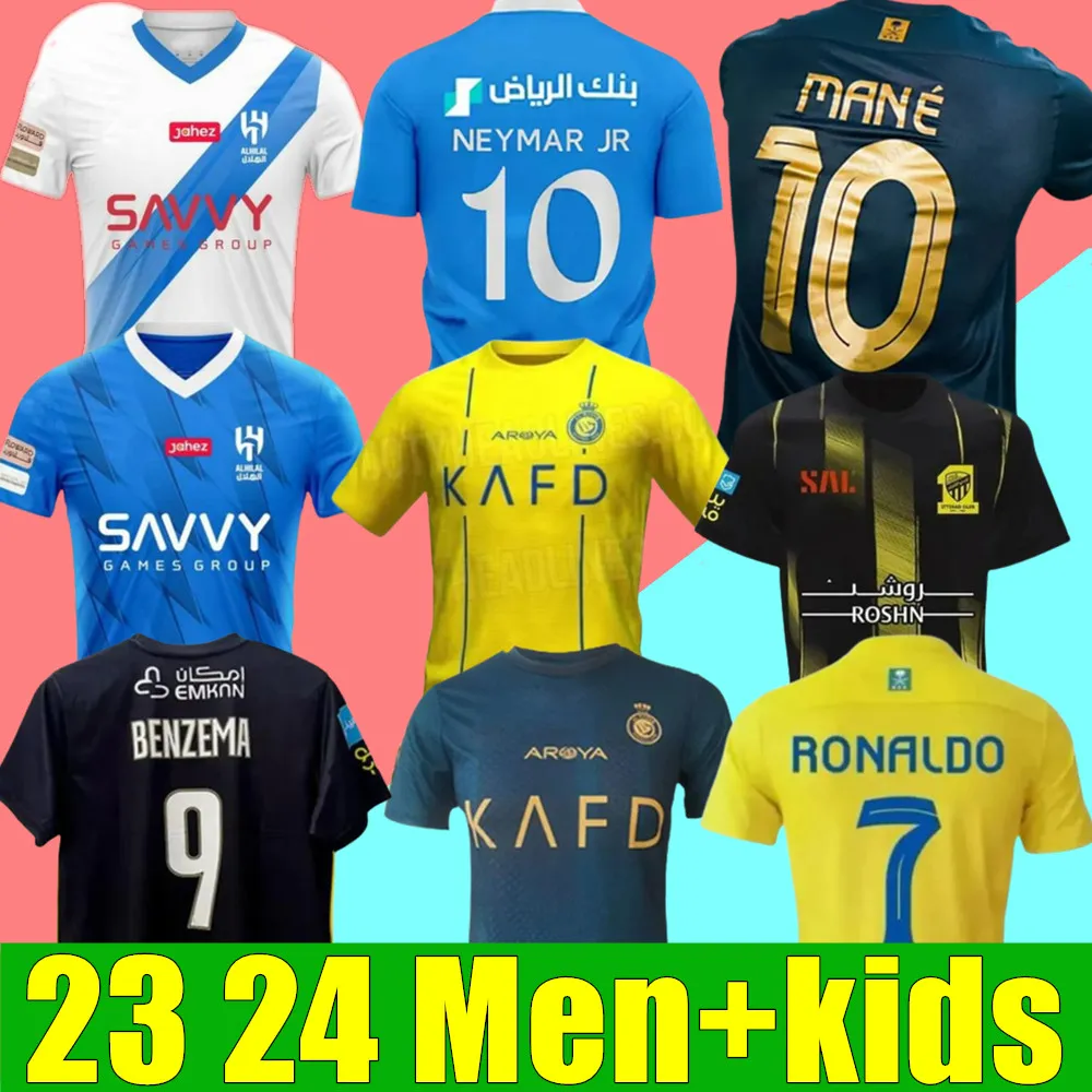 Fans toppar tees 2324 Al Nassr FC Ronaldo Soccer Jerseys Men Kids Kital Hilal Saudi CR7 Football Shiirt Benzema Neymar JR Fans Player Versey 2023 Saud J240309