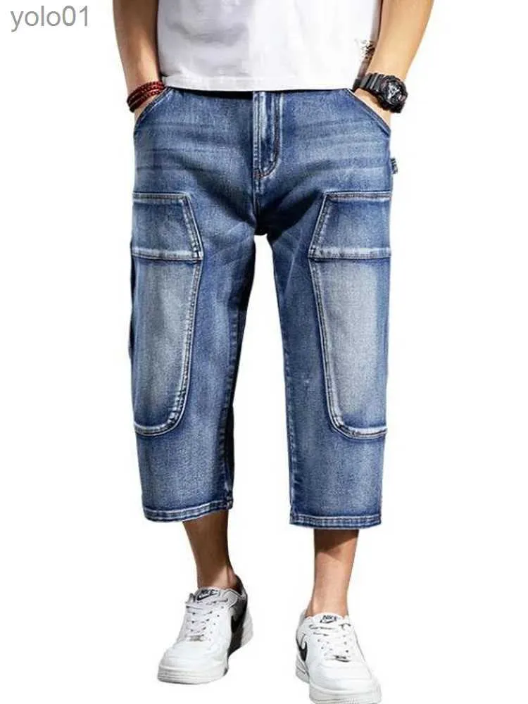 Pantalones vaqueros para hombre Pantalones cortos de mezclilla holgados Moda Streetwear Hip Hop Skateboard Cargo Hole Jeans hasta la pantorrilla PantsL231017