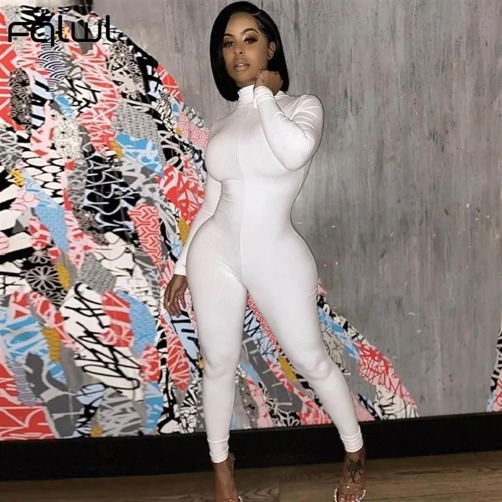 Ribbed Lucky Label Sexy Bodycon Jumpsuit Women Zipper One Piece Outfits Solid Long Sleeve Rompers Womens Female Women's Jumps233U