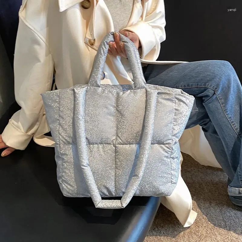 Sacos de noite de luxo brilhante tecido shopper saco para mulheres designer espaço algodão bolsa ombro feminino grande capacidade viagem marca sac