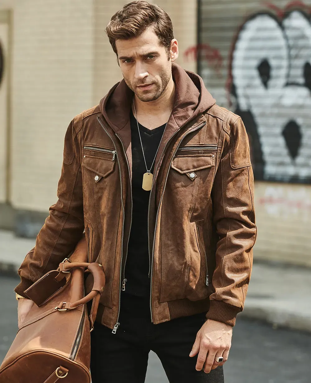 ジャケット・アウター 291295 HOMME Pigskin Leather Jacket Men's Pigskin Leather Jacket with Removable Hood Brown Zipper