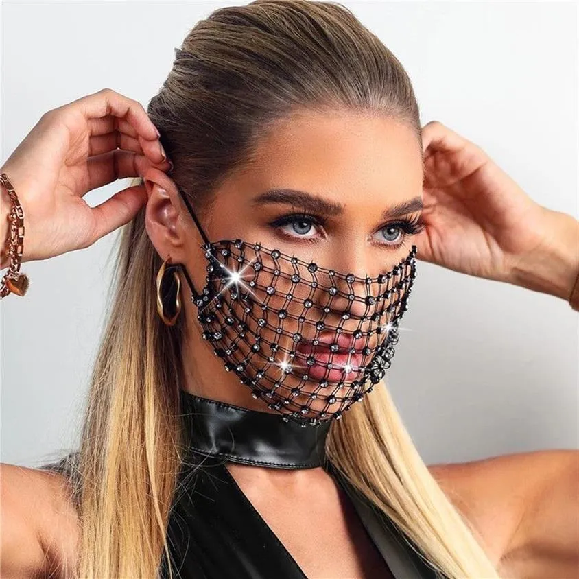 Luxe Mystic Black Mesh Vei Bling Strass Gezichtsmasker Sieraden voor Vrouwen Nachtclub Party Kristal Decoratie Accessory206v