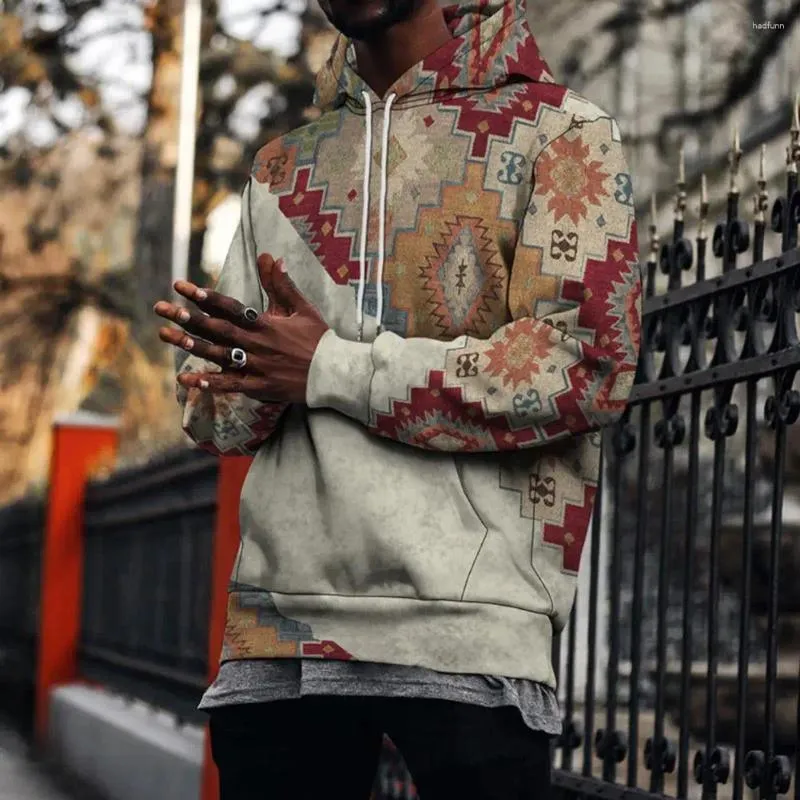 Men's Hoodies Geometric Pattern Men Hoodie Print Pullover Stylish Sport Sweatshirt With Drawstring Long Sleeve Front