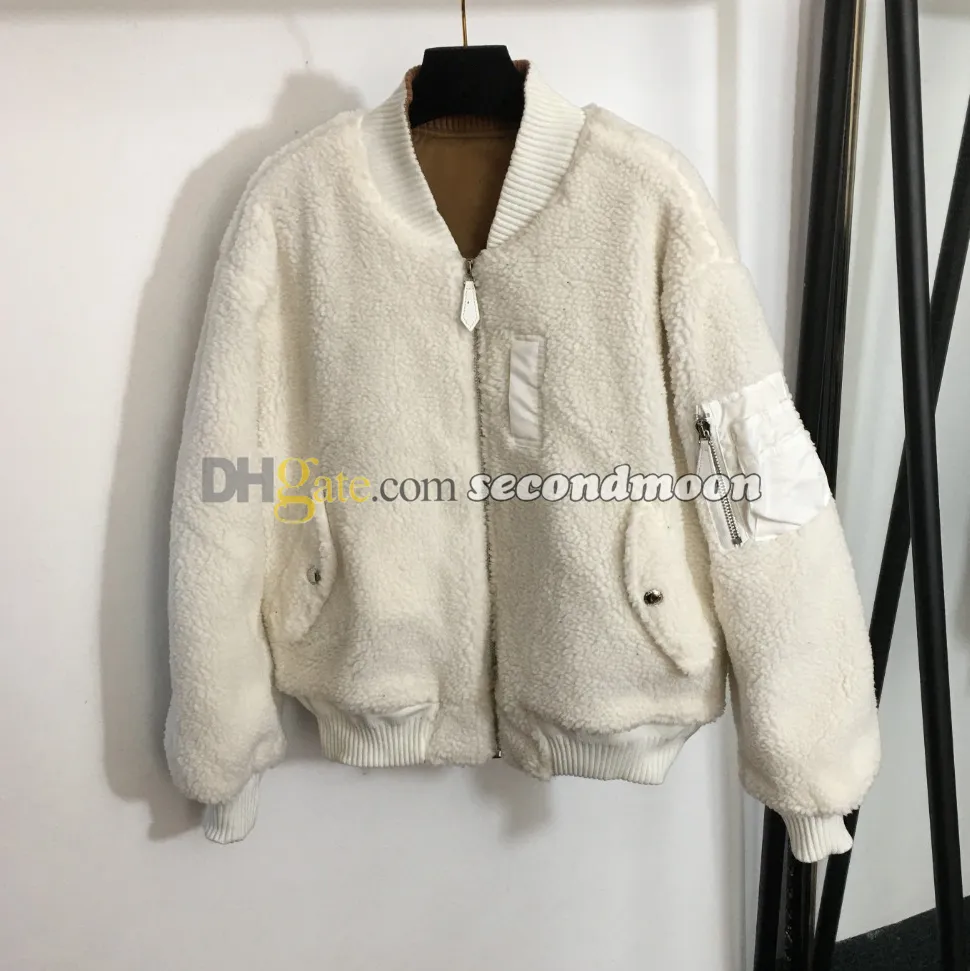 Chaqueta con cuello y cremallera para mujer, chaquetas de lana gruesas y cálidas, abrigo de lana bordado con letras, abrigos de dos caras para mujer