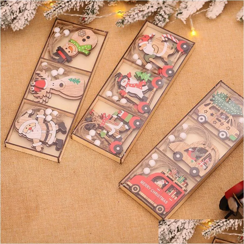 Décorations de Noël Produits décoratifs Dessin animé Santa Claus Combinaison Pendentif en bois Accessoires d'arbre de voiture Drop Livraison Accueil Gar Dhmhe