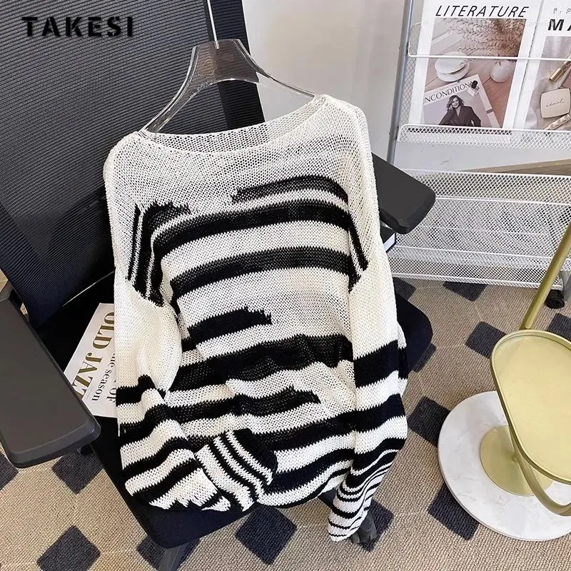 Kvinnors tröjor 2023 Autumn Winter Casual Retro Sticking Long Sleeve Y2K Pullovers Korean Fashion Women Randig Loose Fit Ladies tröja