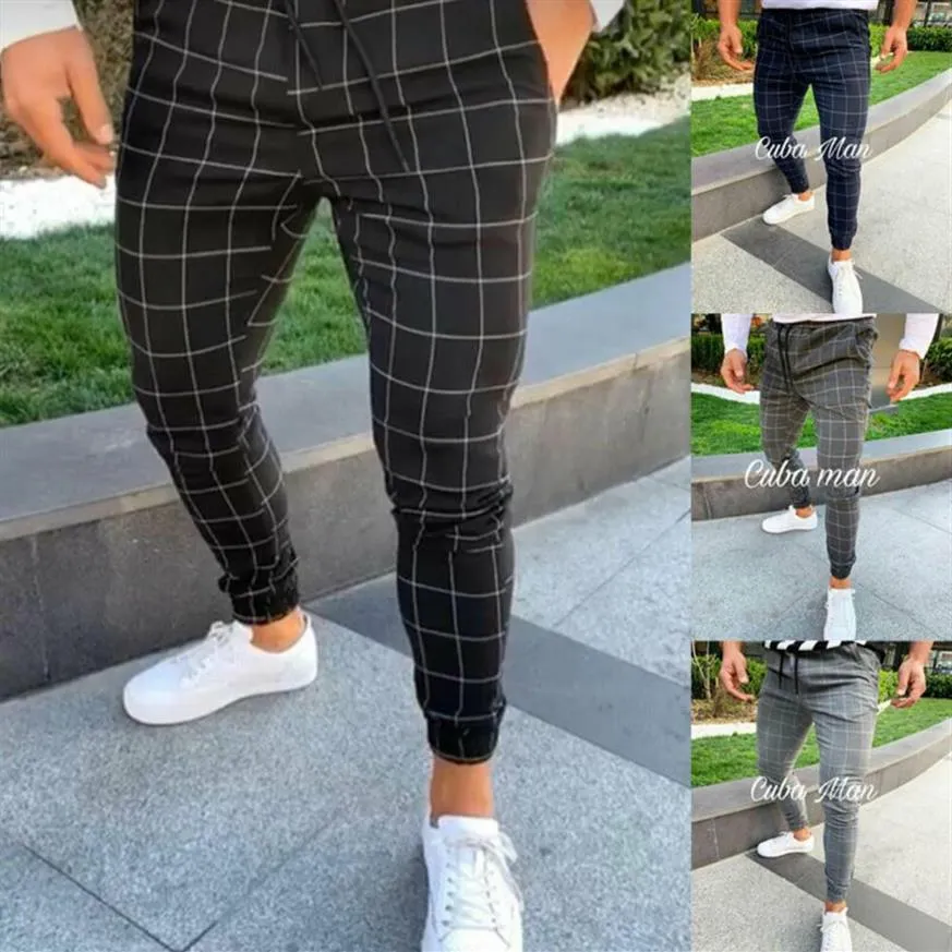 Heren Casual Slim Fit Broek Sport Trainingspak Skinny Joggers Joggingbroek Stretchbroek Plaid Men258o