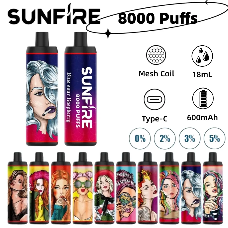 Originele Sunfire Bar 8000 Puffs wegwerp vape pen e sigaret met 0% 2% 3% 5% sterkte oplaadbare 600 mAh batterij voorgevuld 18 ml pod grote damp kleurrijke dooskit