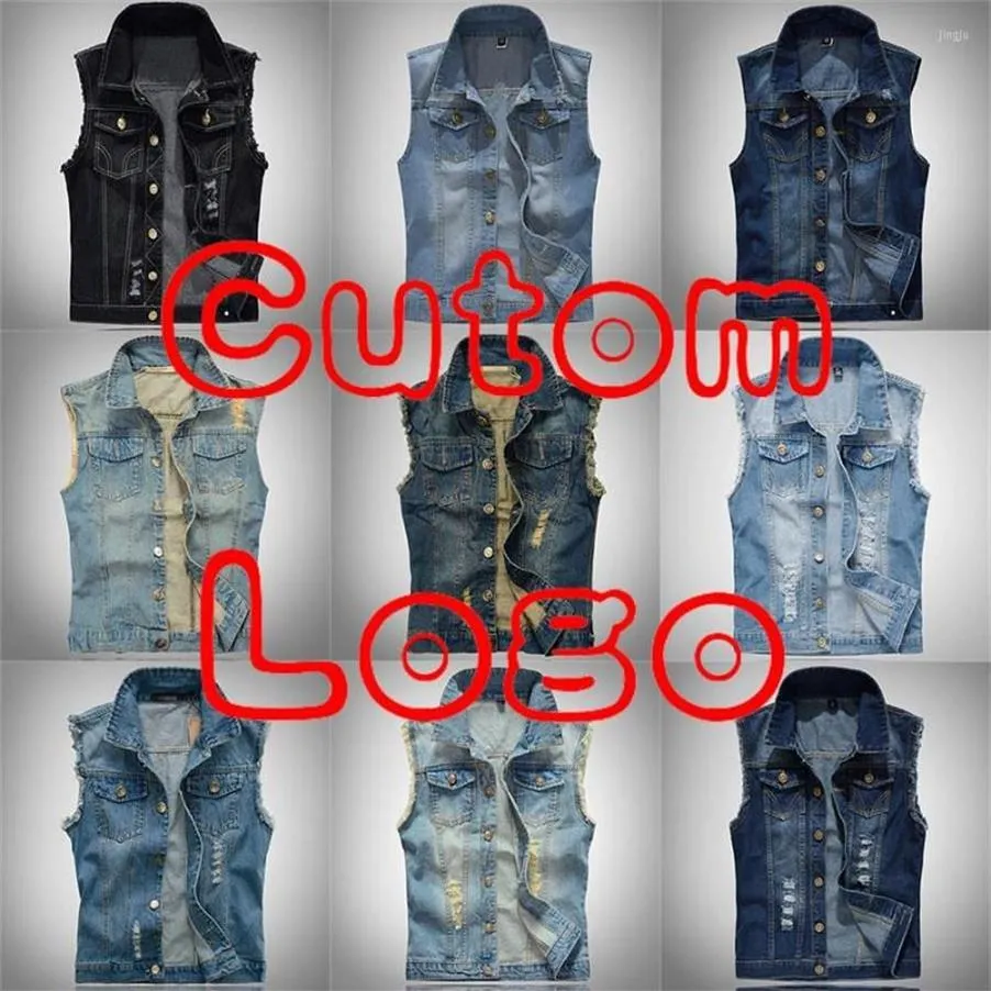 Men's Vests Custom Logo Print Big Size Ripped Cowboy Waistcoat Male Sleeveless Jean Jacket Denim Vest Men Plus 5XL 6XL257x