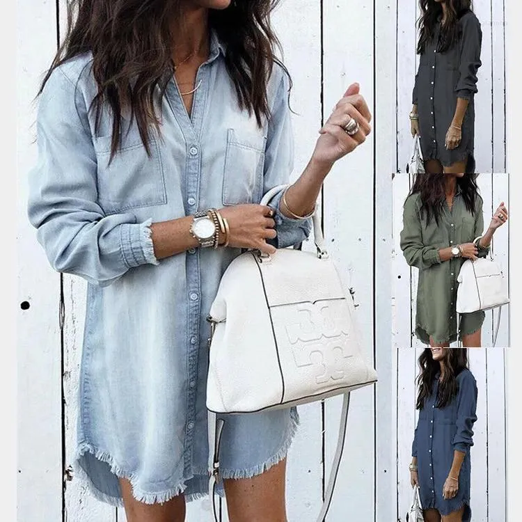 Women's Blouses Vintage Women Denim Shirt Dress Casual Long Sleeve Ladies Tops Blouse Femme Mini Blue Jean