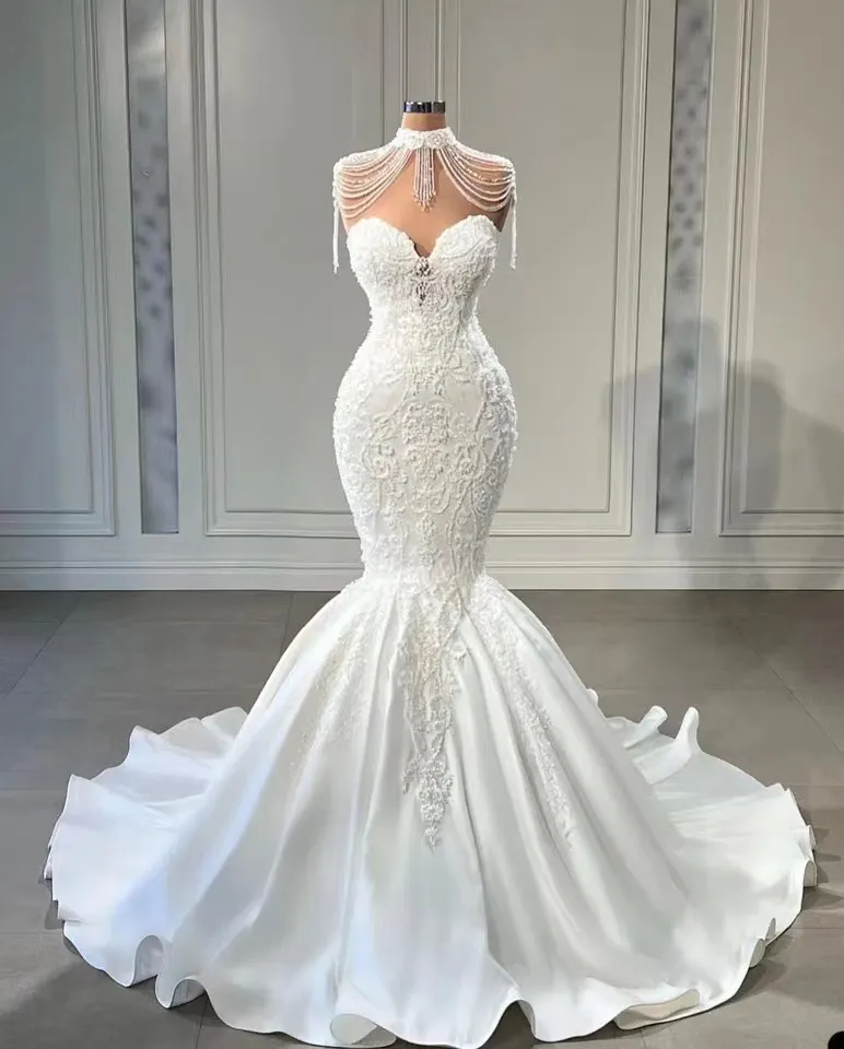 fitted lace wedding dress Mermaid Satin Corset Simple White Wedding Dresses Sweetheart Bridal Dr –  Hebebridal main image 1