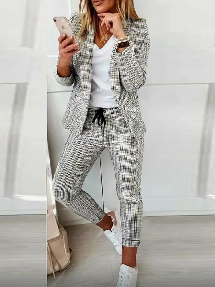 Kvinnors kostymer Blazers Women's Plaid Casual Pants Set British Style Suit Elegant Two Piece Set Womens Outifits Women Suits Office Wear 231016