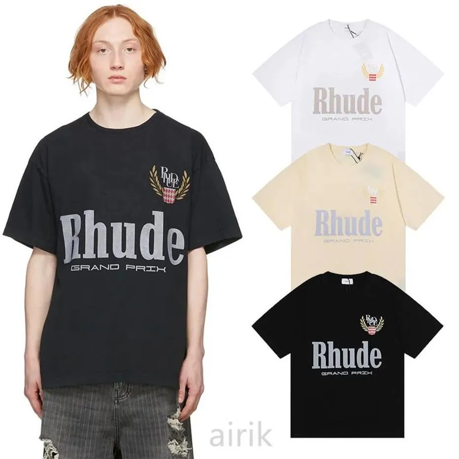 Rhude Męskie T-shirty amerykańska marka mody Grand Prix podwójna przędza bawełniana luźna T-shirt z krótkim rękawem mężczyzna i kobieta student 22263