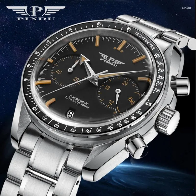 Wristwatches PINDU 40MM Sapphire VK64 Sweep Seconds Movement Stainless Steel Men's Quartz Watch Luminous 100M Waterproof Relogio Masculino