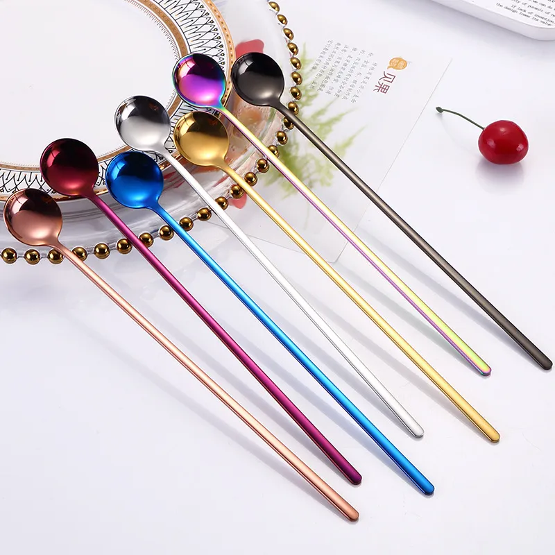 Long Handle Coffee Tea Spoons Stainless Steel Cocktail Stirring Spoon Dessert Scoop Cafe Kitchen Accessories Q654