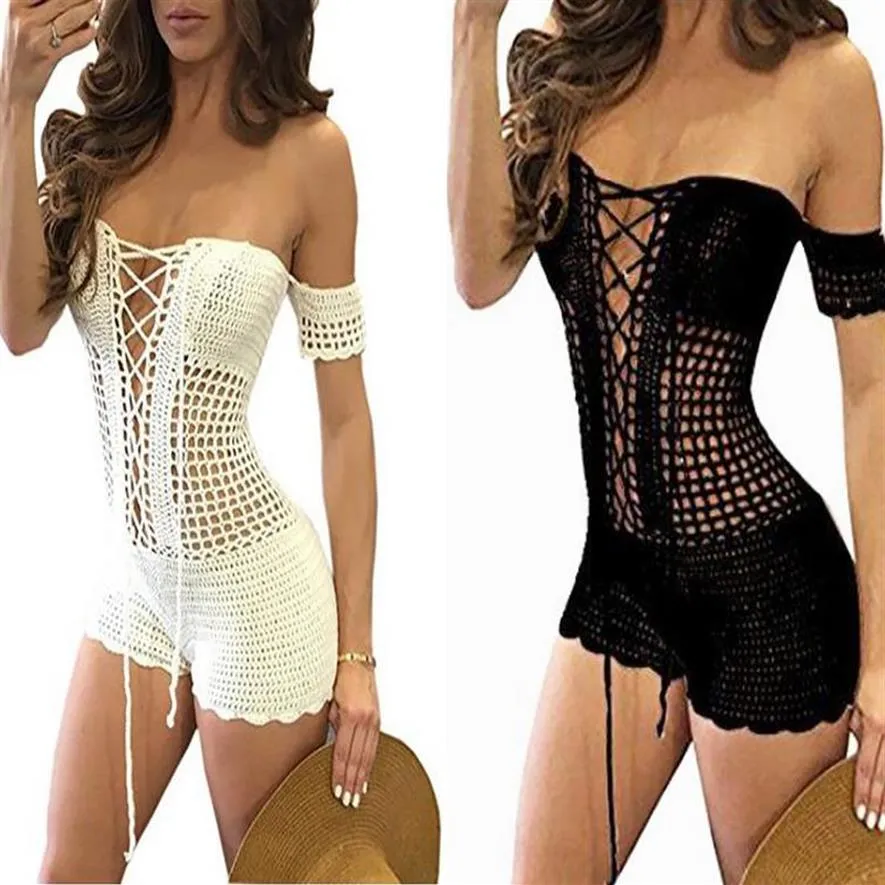 Kvinnor Sexig virkning Beach Fishnet Sarong Handgjorda Bodycon Stickning Jumpsuit White Fashion Clothes281U