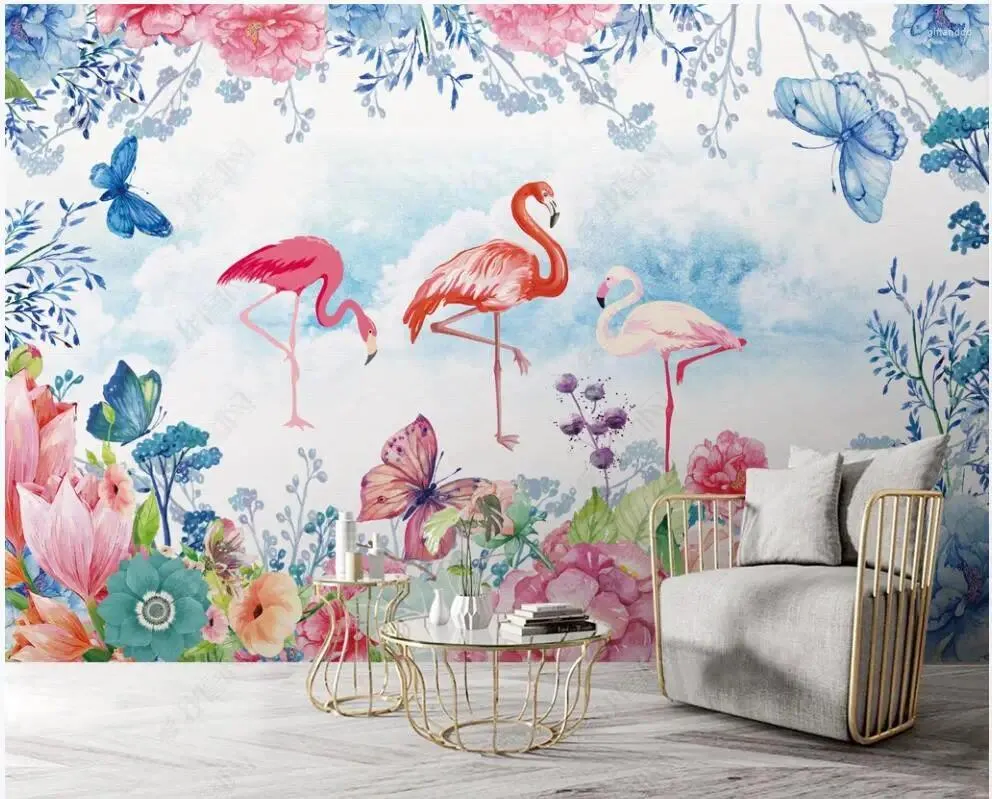 Tapeten Benutzerdefinierte Wandbild 3D PO Tapete an der Wand Hand gezeichnete Blumen Flamingo Home Decor Wohnzimmer für 3 D in Rollen