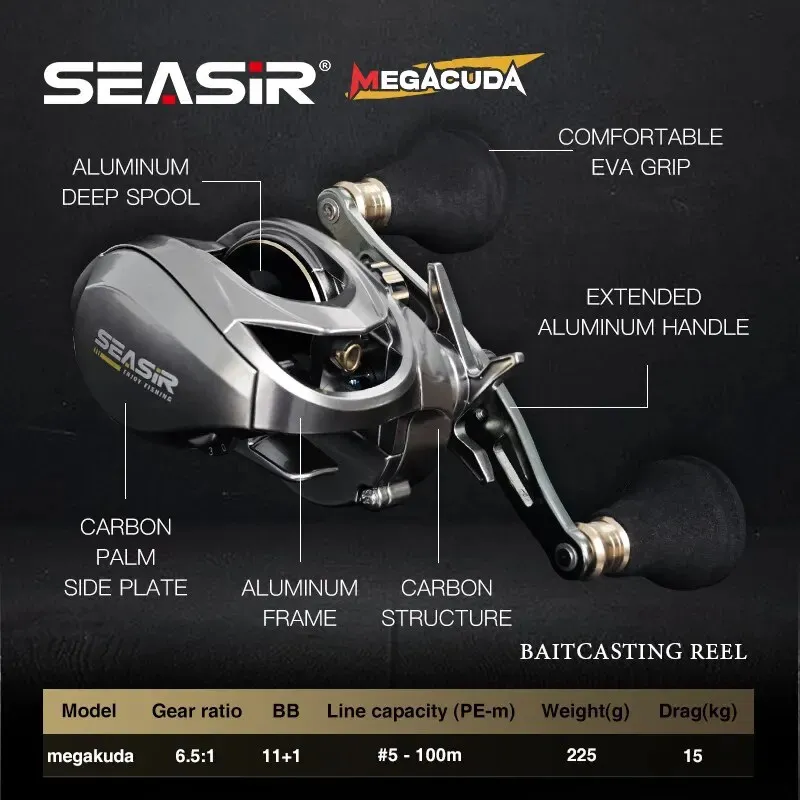 Baitcasting Reels Seasir Megacuda Reel Drag 15KG Deep Spool 6 5 1