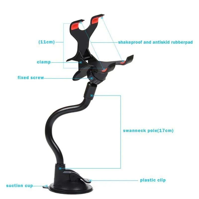 Car Mount Long Arm Universal Windshield Dashboard Mobile Phone Holder 360 Degree Rotation with Strong Suction Cup X Clamp