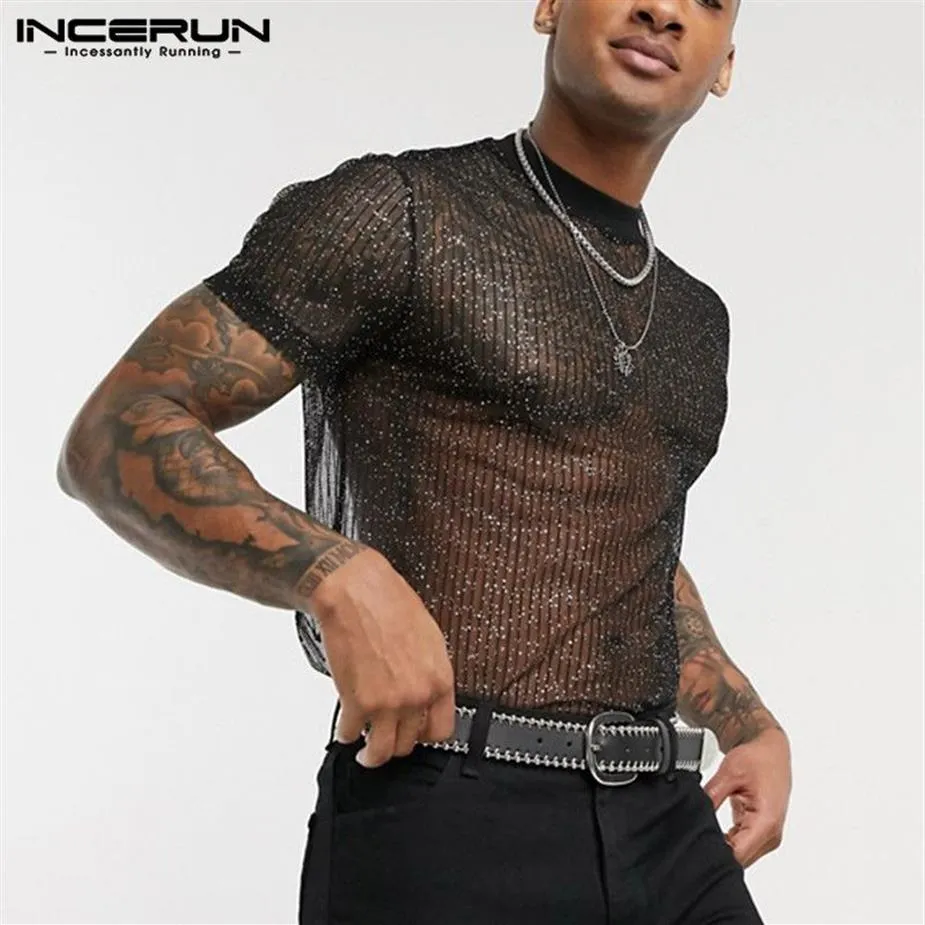 Men's T-Shirts INCERUN 2021 Fashion Men Mesh T Shirt See Through Breathable Short Sleeve Slim Shiny Party Nightclub Sexy Thin2288