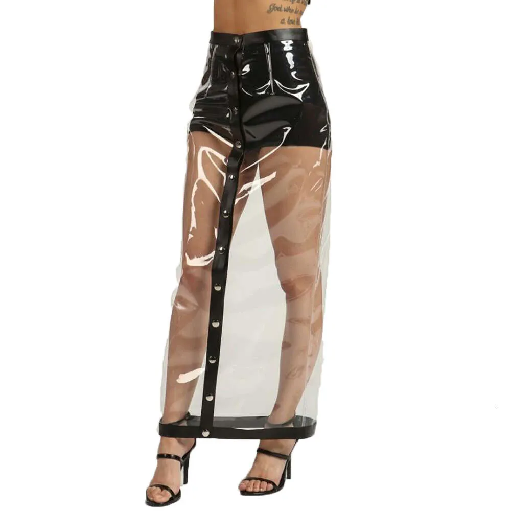 Maskottchen-Dessous, sexy transparente PVC-Leder-durchsichtige Röcke, Knopfperspektive, Maxirock, Bleistift, langer Hobble-Rock, erotische Mode, Anime-Kostüme