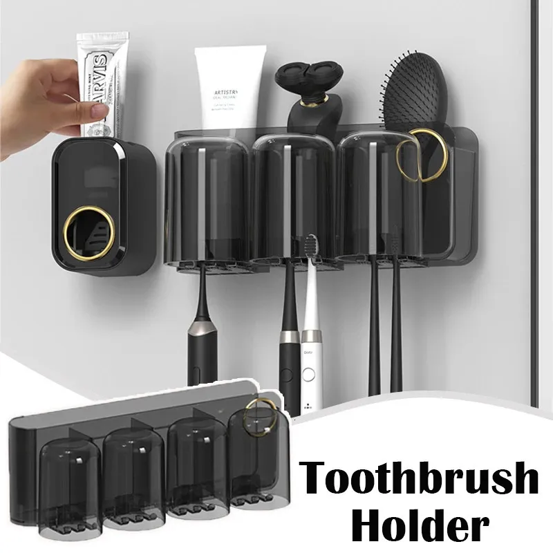 Suportes de escova de dentes Suporte de escova de dentes multifuncional Banheiro montado na parede à prova de poeira Armazenamento de escova de dentes Organizador Dispensador automático de pasta de dente 231013