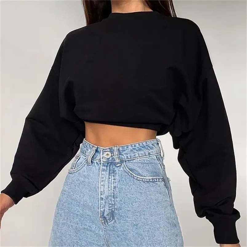 Dames Hoodies Sweatshirts Mode Oversize Dames Sexy Effen Kleur Crop Tops Casual O Necl Lange mouwen Trui moletom feminino 220916