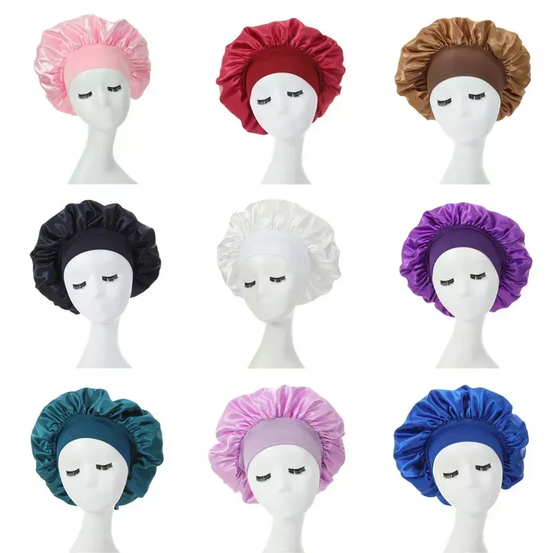 Gorro de noche de banda ancha de satén de Color sólido para mujer y niña, gorros elásticos para dormir, gorro para el cuidado del cabello, accesorios de moda FY3910 1017