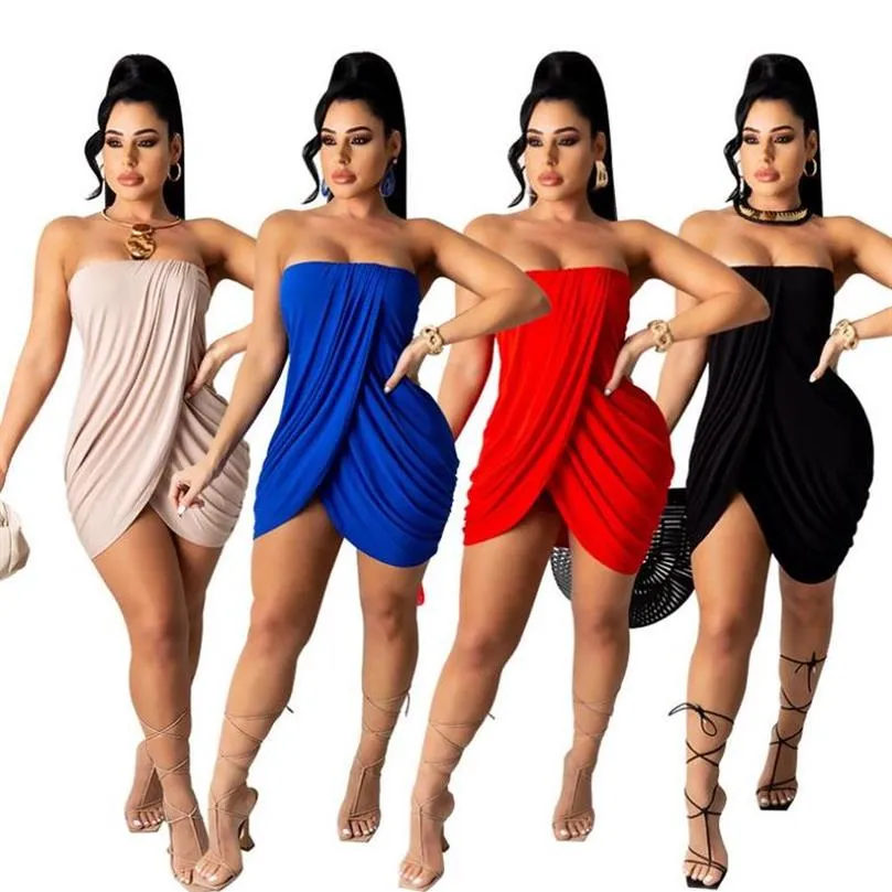 Women Off Shoulder Strapless Dress Party Solid Color Split Tulip Hem Bodycon Ruched Wrap T Shirt Mini Short Dresses Red Pink Black232Q