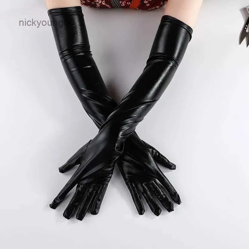 Fingerless Gloves Sexy patent leather gloves Long cosplay clothes accessories Black tight gloves DS Pole dance performance glovesL231017