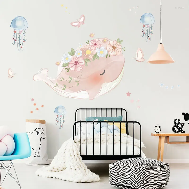 Adesivos de Parede Baleia Rosa Dos Desenhos Animados Para Crianças Quarto Meninas Quarto Decoração Berçário Mural Living Wallpaper Home Decals Poster