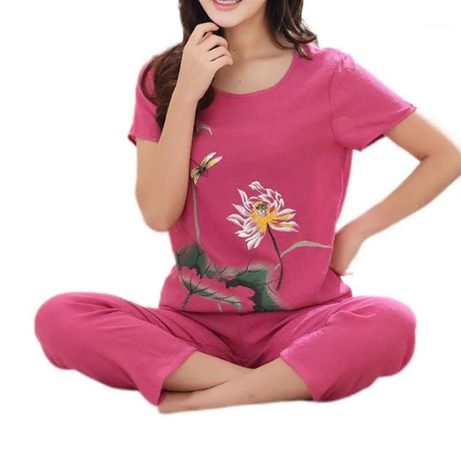 レディースサマープラスサイズパジャマセット中国の花柄の半袖トップカプリパンツルーズスリープウェアラウンジウェアXL-4XL1167S