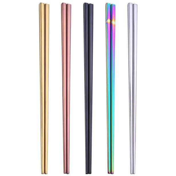 Top Glossy Titanium Plated Chopsticks Anti Scalding High-grade 304 Stainless Steel Rainbow Golden Black Square Chopsticks