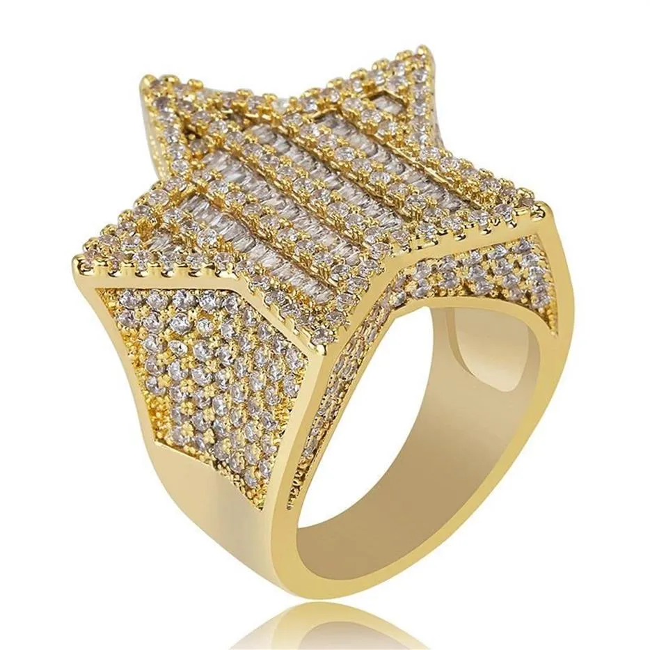 18K Or Blanc Or Hommes De Luxe Bling Zircon Cubique Pentagramme Hip Hop Bague Bande Plein Diamant Glacé Rappeur Bijoux Cadeaux pour 255l