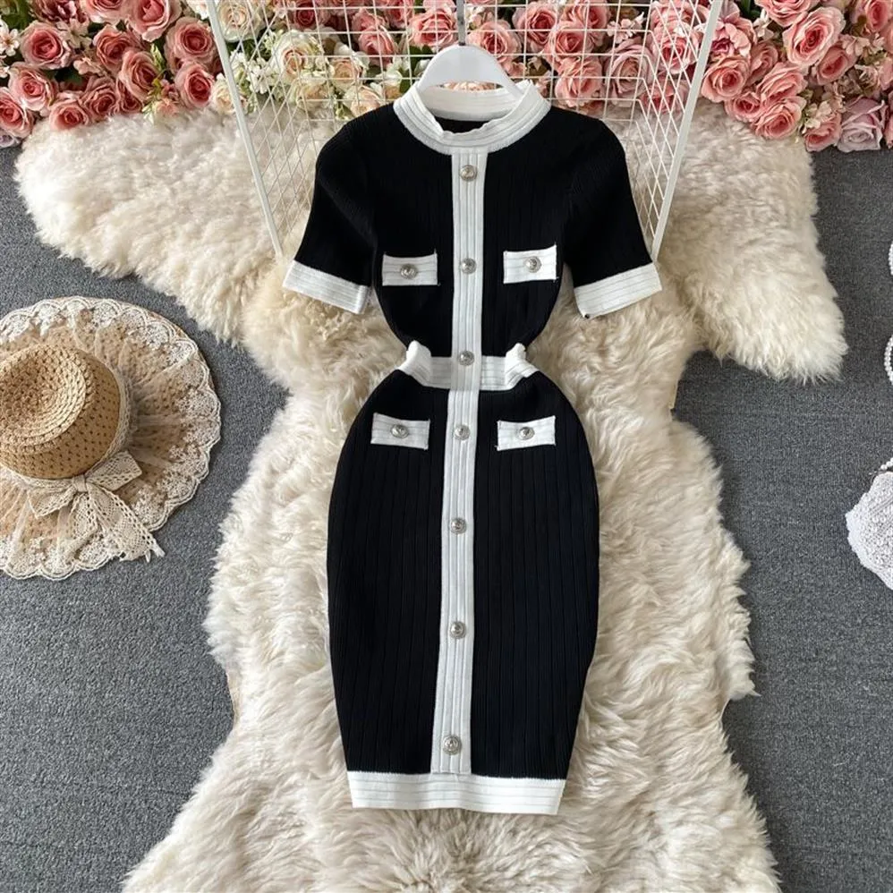 2021 Summer fashion design women's o-neck short sleeve dress color block high waist knitted bodycon pencil vestidos198S