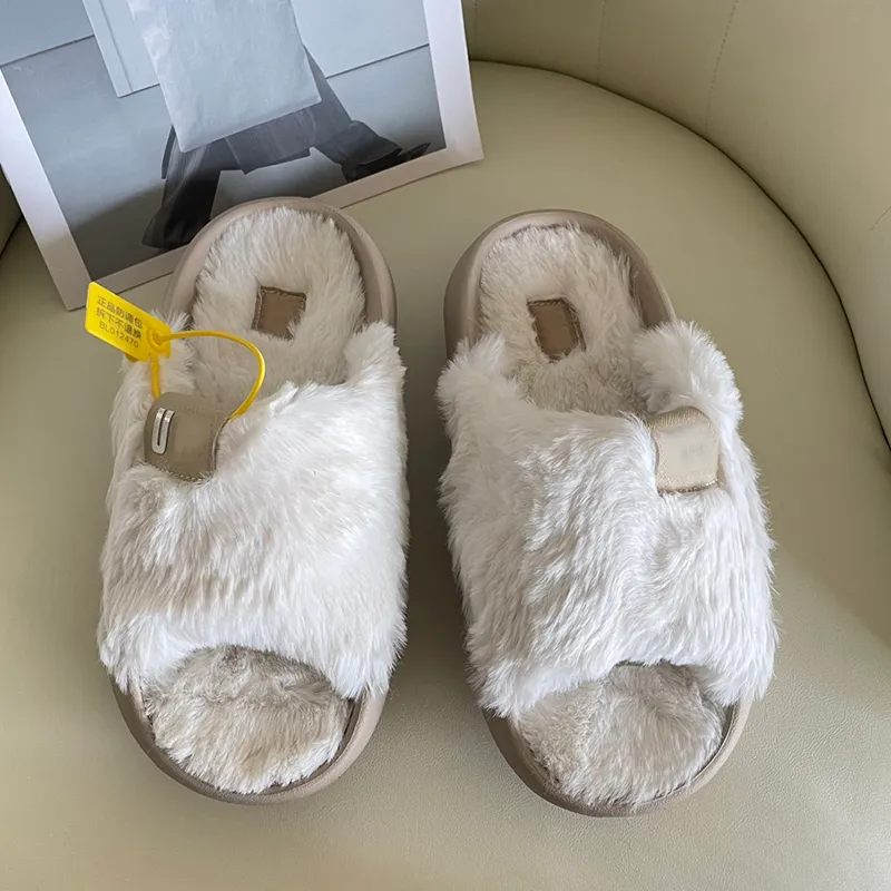 Winter Women Fluffy Slippers Brand Designer Classic Letter Sign Luxury Sandals Imported Rabbit Hair UFO Thick Sole Anti Slides Slingback Ladies House Slippers