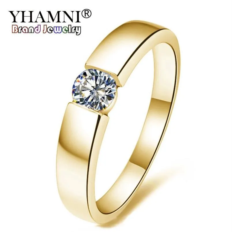 YHAMNI Pure Gold Color Solitaire Zircon Anel CZ Noivado Joias de casamento Anéis para mulheres e homens Tamanho do anel 5-13 YMKR10243K