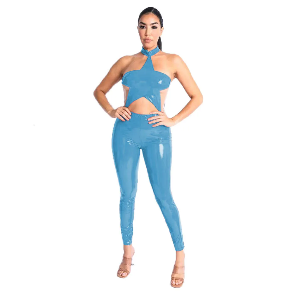 One Piece Wetlook Leather Pvc Sexig Halter Star Shape Sleeveless Backless Catsuit Club Lady Pencil Pants Rompers Women Jumpsuitanime Costumes
